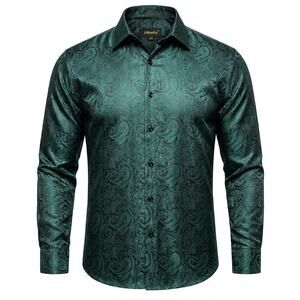 DiBanGu Silk Blend Paisley Green Button-Up Shirt Dress Shirt Men Size 3XL